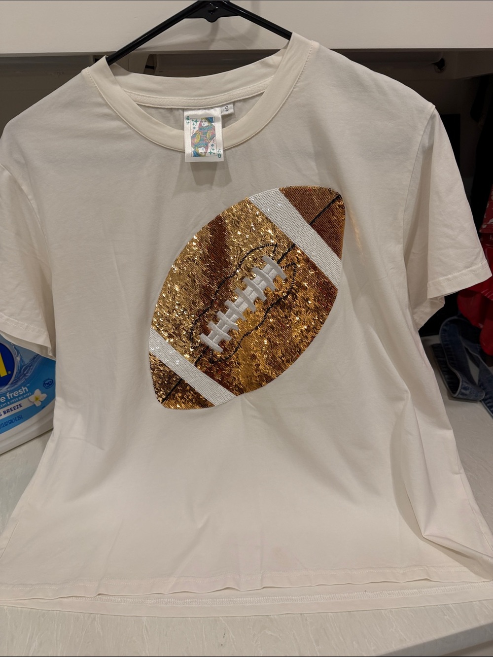 Queen of Sparkles Sequin Football Tee - White with Gold Sequin Football